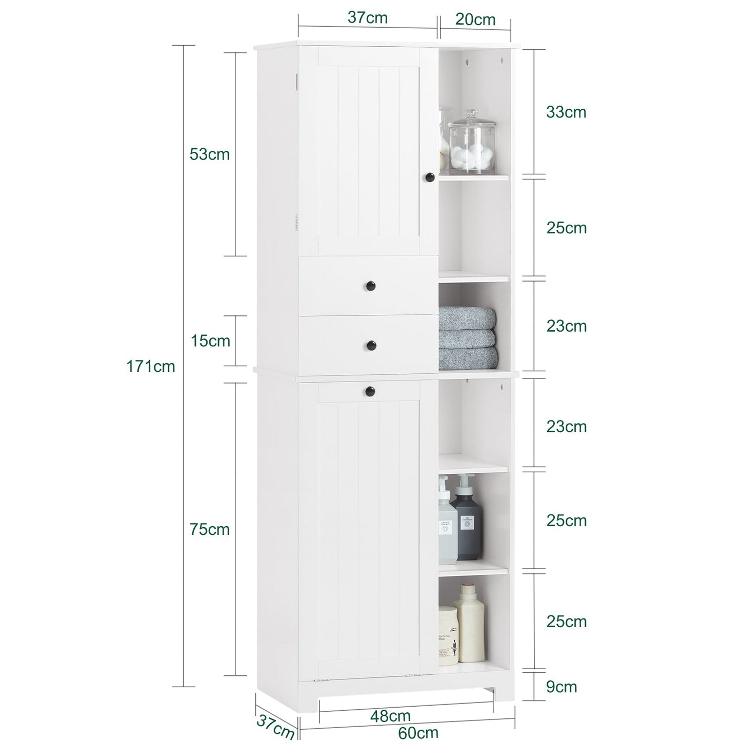 SoBuy BZR104-W Colonna Bagno con Cesto per Linge Mobile Rangemento Alto Armadio Bagno con 6 Ripiani e 2 Cassetti Mobiletto Salvaspazio Bianco 60x37x171 cm 