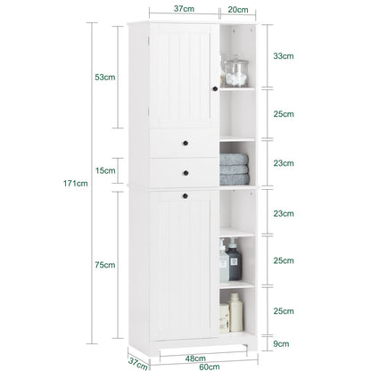 SoBuy BZR104-W Colonna Bagno con Cesto per Linge Mobile Rangemento Alto Armadio Bagno con 6 Ripiani e 2 Cassetti Mobiletto Salvaspazio Bianco 60x37x171 cm 