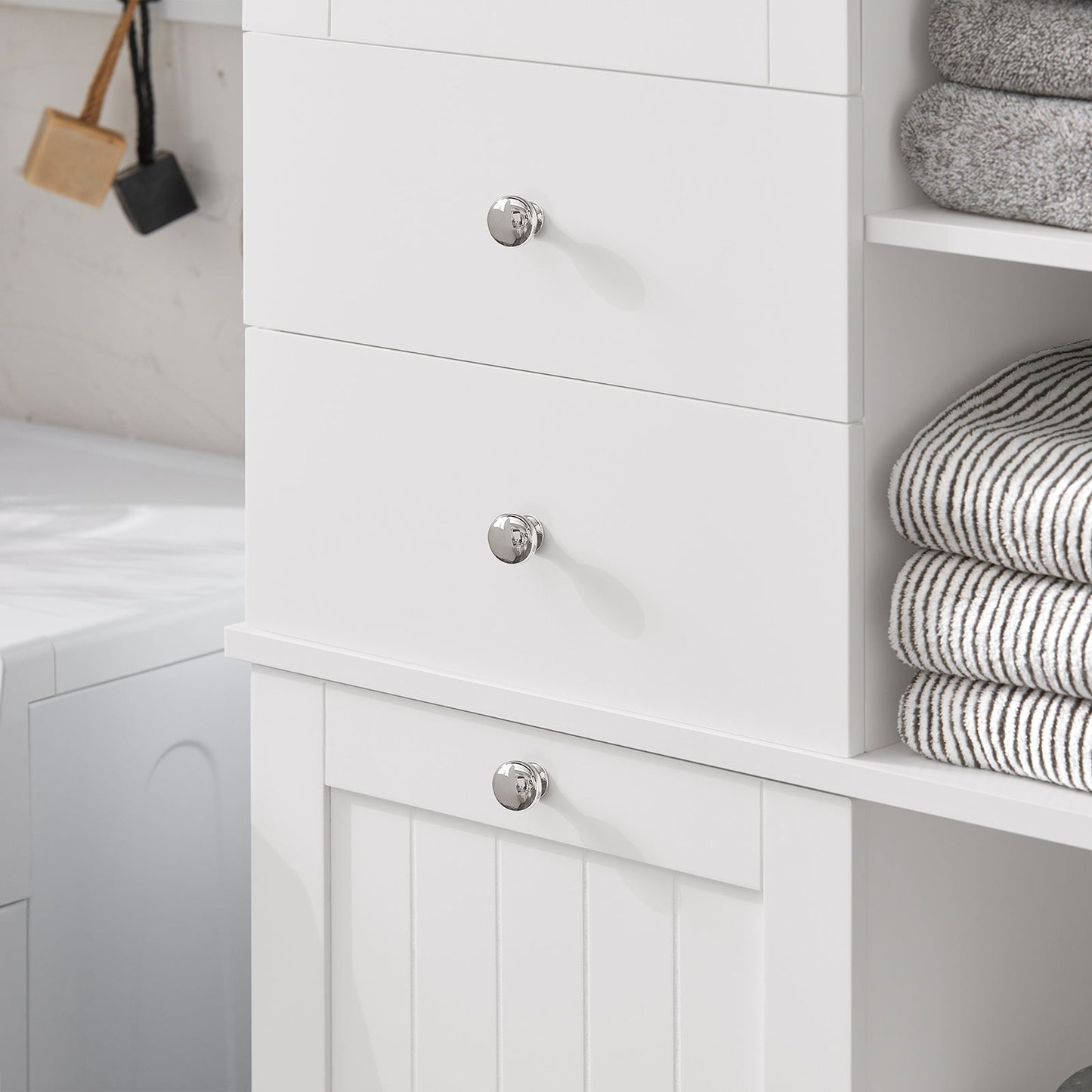 SoBuy BZR104-W Colonna Bagno con Cesto per Linge Mobile Rangemento Alto Armadio Bagno con 6 Ripiani e 2 Cassetti Mobiletto Salvaspazio Bianco 60x37x171 cm 