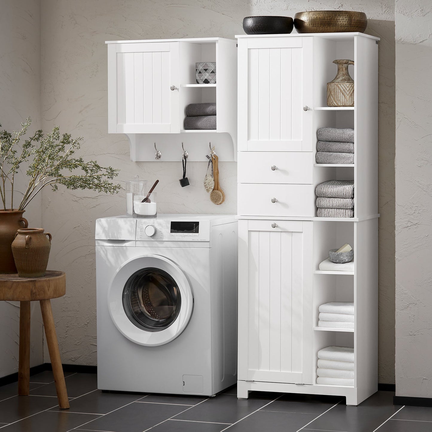 SoBuy BZR104-W Colonna Bagno con Cesto per Linge Mobile Rangemento Alto Armadio Bagno con 6 Ripiani e 2 Cassetti Mobiletto Salvaspazio Bianco 60x37x171 cm 