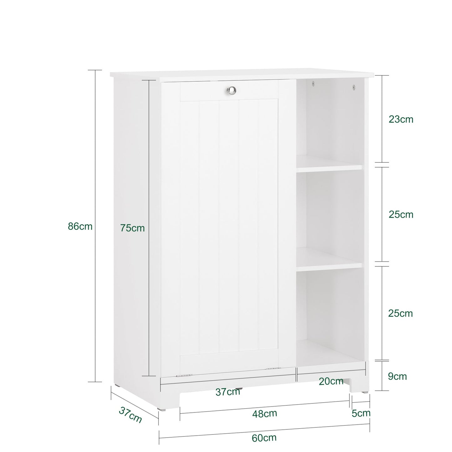 SoBuy BZR105-W Armadietto da Bagno con Cesti per Biancheria – Mobile Basso da Bagno con Cesto a Ribalta e 3 Ripiani, Portabiancheria, Legno, Bianco, 60x37x86 cm