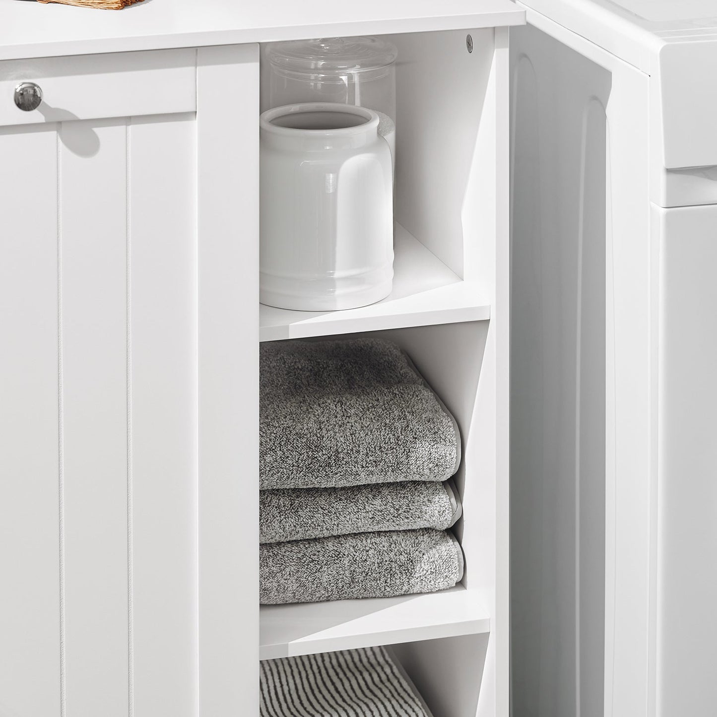 SoBuy BZR105-W Armadietto da Bagno con Cesti per Biancheria – Mobile Basso da Bagno con Cesto a Ribalta e 3 Ripiani, Portabiancheria, Legno, Bianco, 60x37x86 cm
