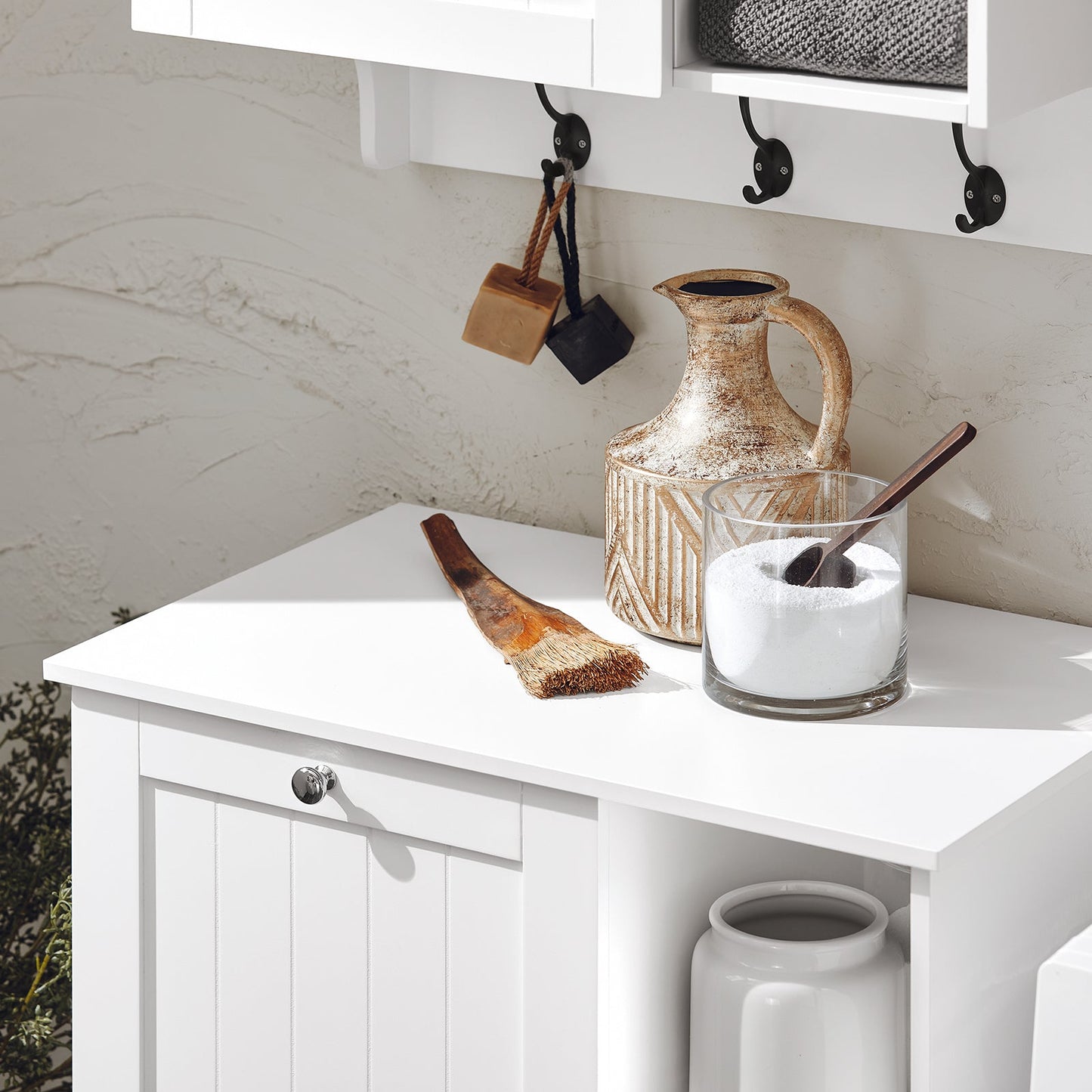 SoBuy BZR105-W Armadietto da Bagno con Cesti per Biancheria – Mobile Basso da Bagno con Cesto a Ribalta e 3 Ripiani, Portabiancheria, Legno, Bianco, 60x37x86 cm