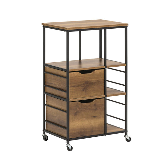 SoBuy FKW111-PF Carrello cucina industriale mobile salvaspazio con cassetti e ripiani mobile cucina con ruote per credenza cassettiera, isola cucina compatta per piccoli spazi Marrone 89x53x37cm 